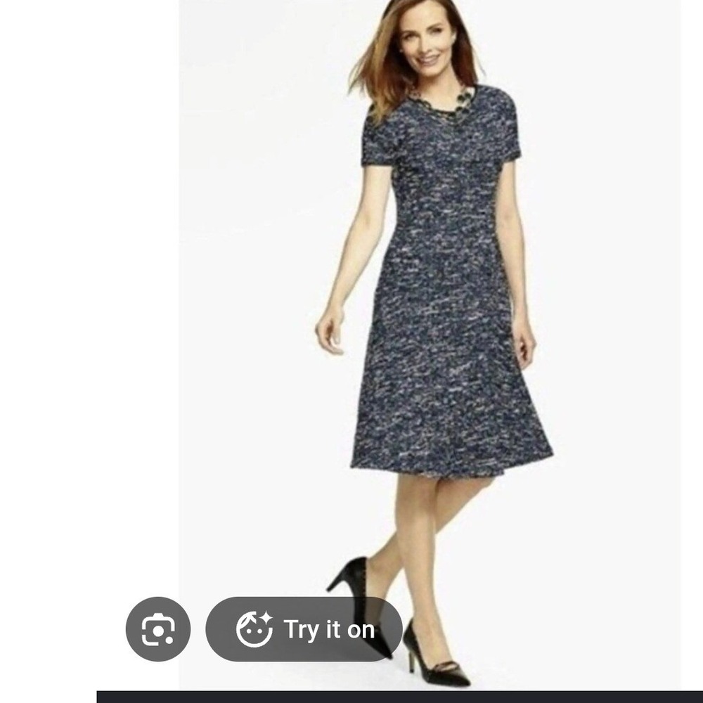 Talbots Blue White Space Dye Knit Fit Flare Dress Faux Leather Trim Size 12